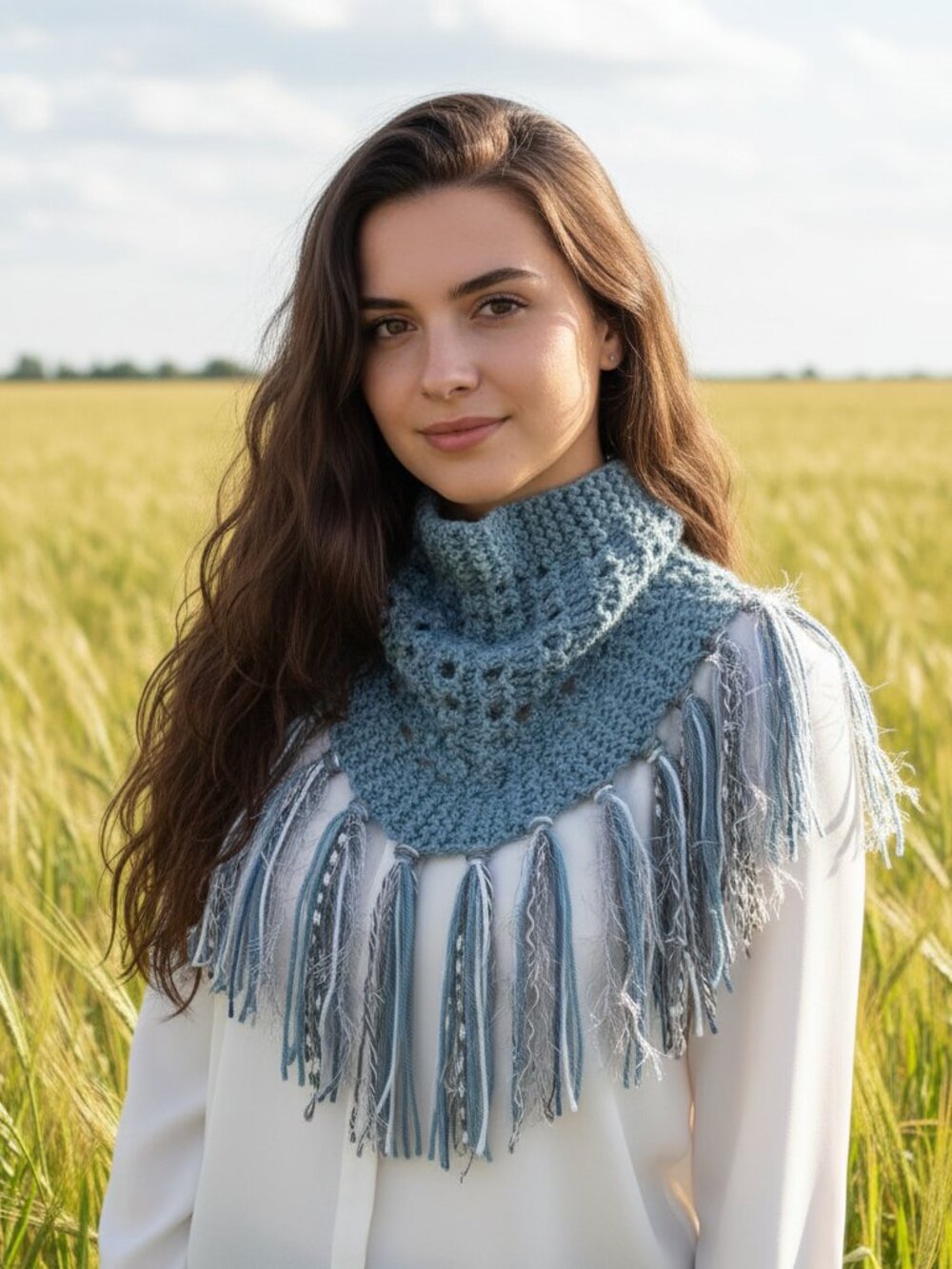 NEW Hand Knitted Blue Gray Silver Boho Cowl Scarf Fringe Cottage Coastal Indie